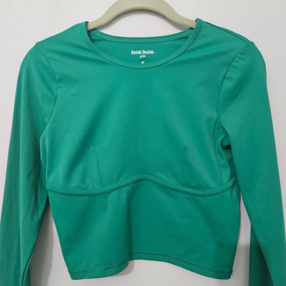 Social Tourist Green Long Sleeve Corset Seam Crop Top Thumbholes Small Y2K Sport